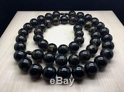126,1g Natural Baltic Amber Necklace Rare Black Marble Colour Round Beads