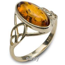 14k Pure Solid Pure Yellow Gold Honey Classic Baltic Amber Celtic Knot Oval Ring
