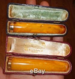 2 HUGE Antique Natural Baltic Eggyolk Butterscotch Amber Cigar Holder Gold 18K