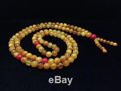 56,3g Natural Old Baltic Amber Lucky Mala Yellow with Coral Round 108 Beads
