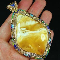 57.65g 100% Natural Antique Baltic Butterscotch Amber 925 Silver Pendant CML1