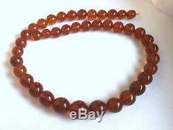 64.7 gr. Natural Honey Cognac Baltic Amber Necklace Round Beads Russian Vintage