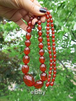 ANTIQUE 1920's GENUINE NATURAL BALTIC AMBER 36g FACETED OLIVE BEAD 25 NECKLACE