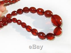 ANTIQUE 1920's GENUINE NATURAL BALTIC AMBER 36g FACETED OLIVE BEAD 25 NECKLACE