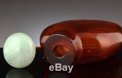 AUTHENTIC CHINESE CARVED NATURAL BALTIC CHERRY AMBER JADEITE LID SNUFF BOTTLE
