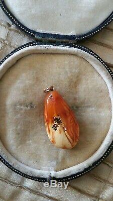 Antique 9ct Gold, Rare, Beautiful Flaming Egg Yolk Natural Baltic Amber Pendant