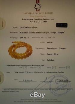 Antique Certified 91gr Baltic Natural Amber Egg Yolk Butterscotch Necklace 62cm