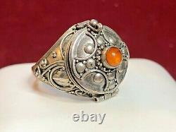 Antique Estate Sterling Silver Baltic Amber Ring Etruscan Poison Pill Opens