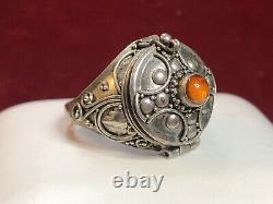 Antique Estate Sterling Silver Baltic Amber Ring Etruscan Poison Pill Opens