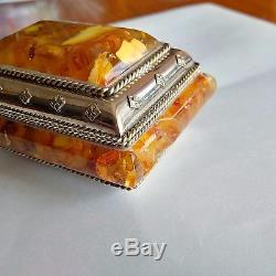 Antique Fine Quality Natural Baltic Amber Butterscotch Silver Box
