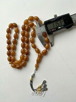 Antique German Pressed Natural Amber 65g. Islamic Prayer Rosary Big Olive Beads