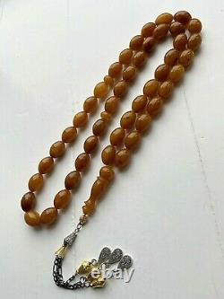 Antique German Pressed Natural Amber 65g. Islamic Prayer Rosary Big Olive Beads