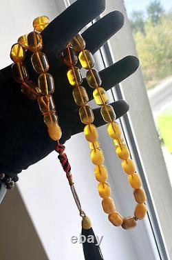 Antique Natural Baltic Amber 74g. Islamic Prayer Rosary Barrel 33 Beads Tesbih