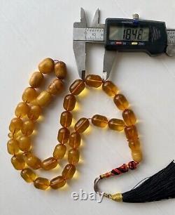 Antique Natural Baltic Amber 74g. Islamic Prayer Rosary Barrel 33 Beads Tesbih