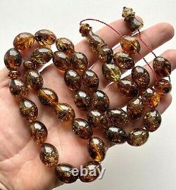 Antique Natural Baltic Amber Islamic Prayer Rosary 72g. Big Olive Beads Heated