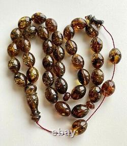 Antique Natural Baltic Amber Islamic Prayer Rosary 72g. Big Olive Beads Heated