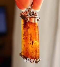Antique Natural Baltic Amber Russian Soviet Silver Pendant Inclusions 13.2 gr