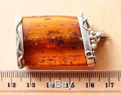 Antique Natural Baltic Amber Russian Soviet Silver Pendant Inclusions 13.2 gr