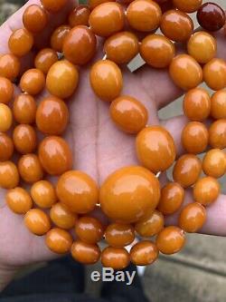 Antique Natural Baltic Egg Yolk Butterscotch Amber Beaded Necklace 71 Grams