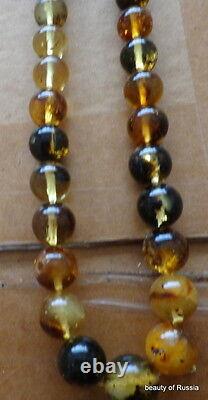 Antique Natural Greenish & multicolor Baltic Amber round Beads Necklace rare