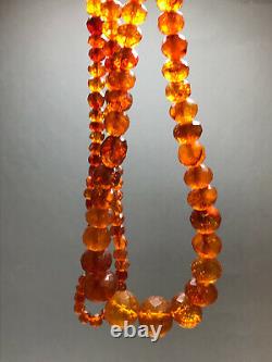 Art Deco Natural Cognac Baltic Amber Necklace Faceted Olives Beads 42,6 gr