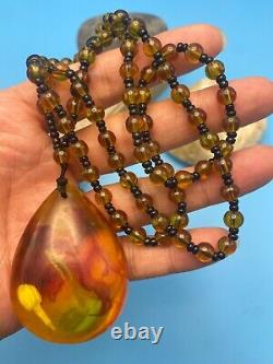 Baltic Sea Natural Water Droplet Pendant Amber Necklace Antique Includes Flower