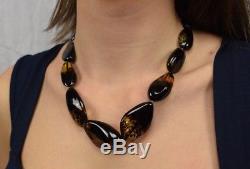 Beautiful Genuine Natural Baltic Amber Necklace Dark Oval Polished Beads Screw
