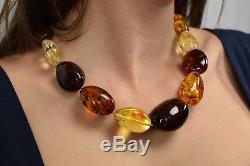 Beautiful Natural Baltic Amber Necklace Shiny Polished Multicolored Beads 61g