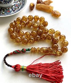 BigNatural Baltic Amber 58g. Islamic Prayer Rosary 14 mm. 33 Beads Misbah Heated