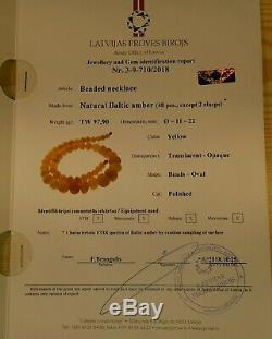 Certified 97,9g Baltic Natural Amber Egg Yolk Butterscotch Necklace 64cm