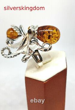 Cognac and Cognac Baltic Amber Octopus Ring with Silver 925