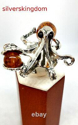 Cognac and Cognac Baltic Amber Octopus Ring with Silver 925