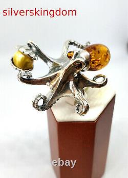 Cognac and White Baltic Amber Octopus Ring