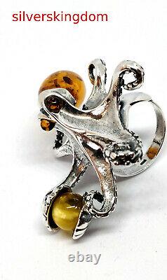 Cognac and White Baltic Amber Octopus Ring