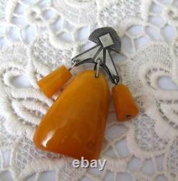 Cute Vintage Soviet Natural Baltic Yellow Amber Pin Brooch Sterling Silver 875
