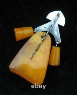 Cute Vintage Soviet Natural Baltic Yellow Amber Pin Brooch Sterling Silver 875