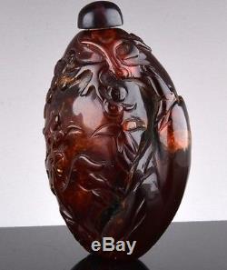 Ex. Rare 19c Chinese Carved Natural Baltic Cherry Amber Pebble Form Snuff Bottle