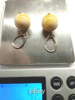 Earrings Natural Huge 13 mm. Baltic Royal White Butter Amber Round Beads