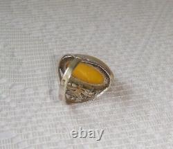 Egg Yolk Genuine Baltic Amber Ring Solid Silver 875 Filigree USSR Vintage sz 5.5
