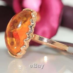 Estate 14k Pink Rose gold Natural Russian Baltic Amber Oval solitaire ring band