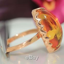 Estate 14k Pink Rose gold Natural Russian Baltic Amber Oval solitaire ring band