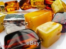 Exclusive Necklace 100% Natural Multicolor Baltic Amber Rectangle Beads 78.6g