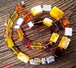 Exclusive Necklace 100% Natural Multicolor Baltic Amber Rectangle Beads 78.6g