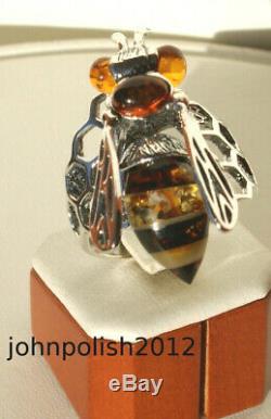 Full Colour Baltic Amber Bee Ring on Silver 925