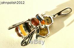 Full Colour Bee on Honey Baltic Amber Pendant on Silver 925
