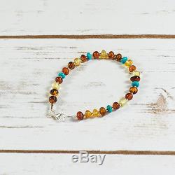 Genuine Natural Baltic Amber Bracelet Turquoise Silver Brown Cognac Yellow Beads