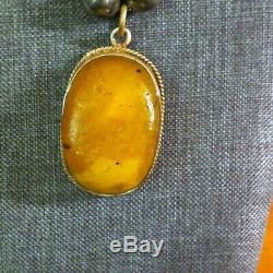 Gorgeous Antique Natural Amber Pendant &Sterling Silver Beads Necklace