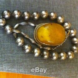 Gorgeous Antique Natural Amber Pendant &Sterling Silver Beads Necklace