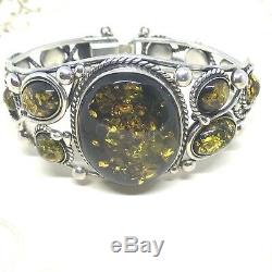 Green Baltic Natural Amber Sterling Silver Ornate Cuff Bracelet sz 7