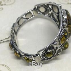 Green Baltic Natural Amber Sterling Silver Ornate Cuff Bracelet sz 7